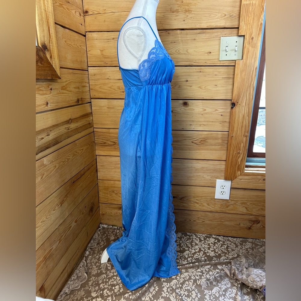 Vintage Blue Lace Satin Nightgown Nighty Chemise 16” pit to pit Women Medium - Picture 3 of 8